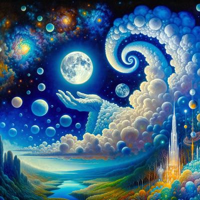 The primary subject of the image is a painting featuring a person holding the moon. The setting is a night sky with a moon and a few other celestial objects. The visual style is a digital art, illustration, or drawing. The dominant colors are blue and white, creating a serene and peaceful atmosphere.